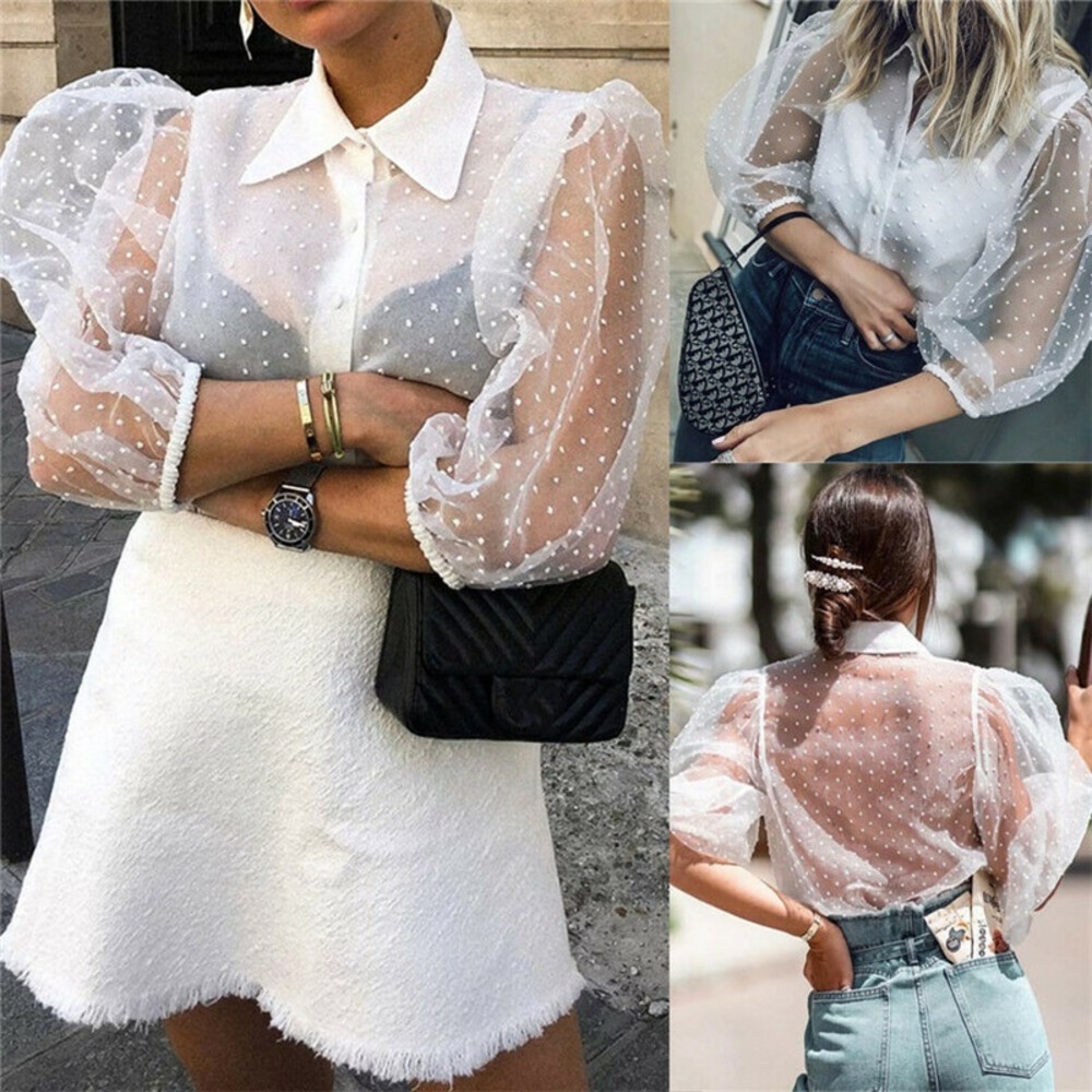 Zara button up sheer puff sleeve blouse
